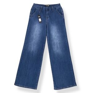 Fashion Nova Jeans Women 7 (28x32) Blue Finly Flowy Trouser Wide Leg NWT